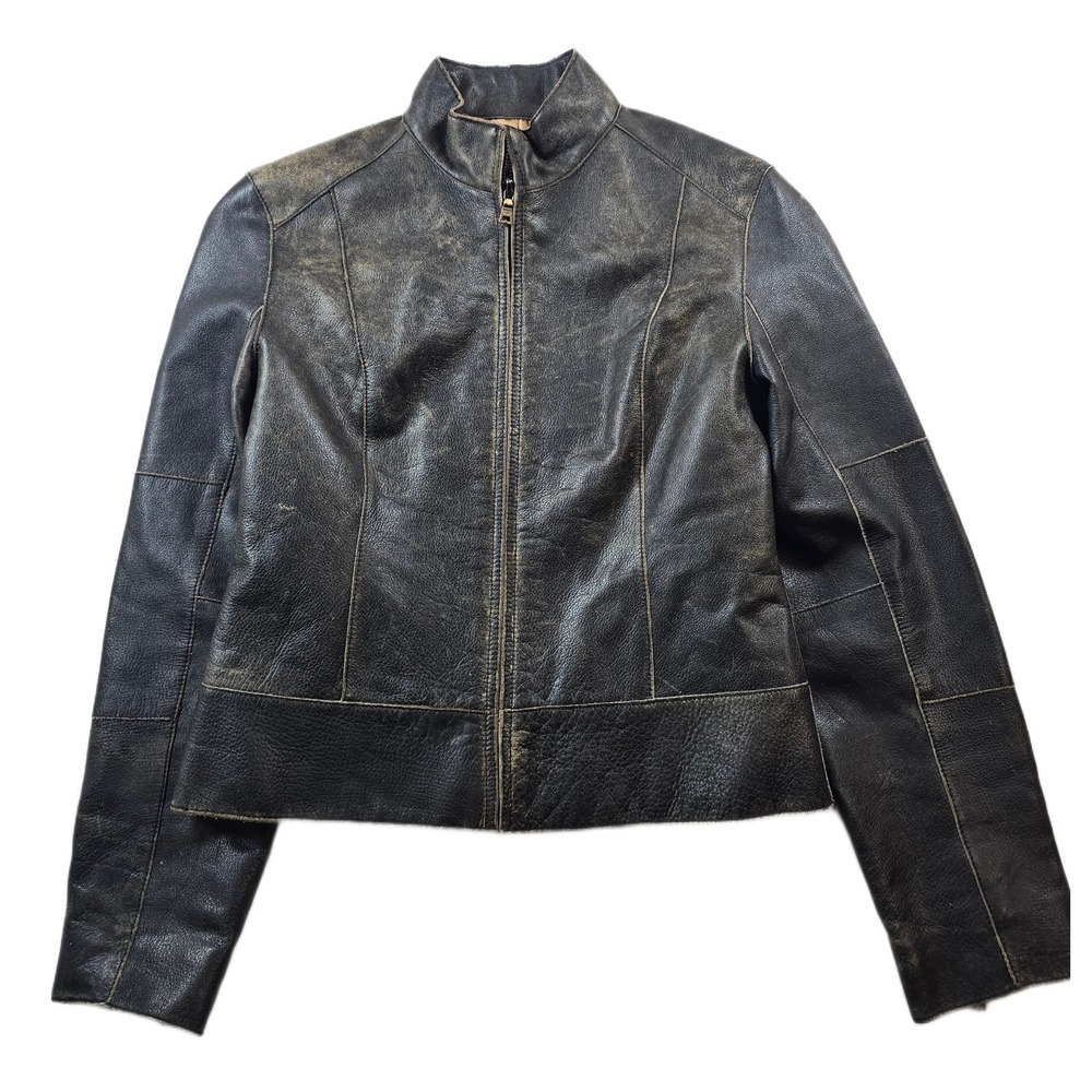 Andrew Marc Moto Leather Jacket Womens Medium Brown Distressed Zip Up Vintage